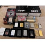 A large collection of mostly boxed Zippo lighters to include Harley Davidson, Bunny, older brass