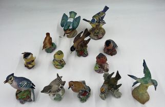 Thirteen various bird figurines to include Royal Worcester Marsh Tit, Wren, American Robin,