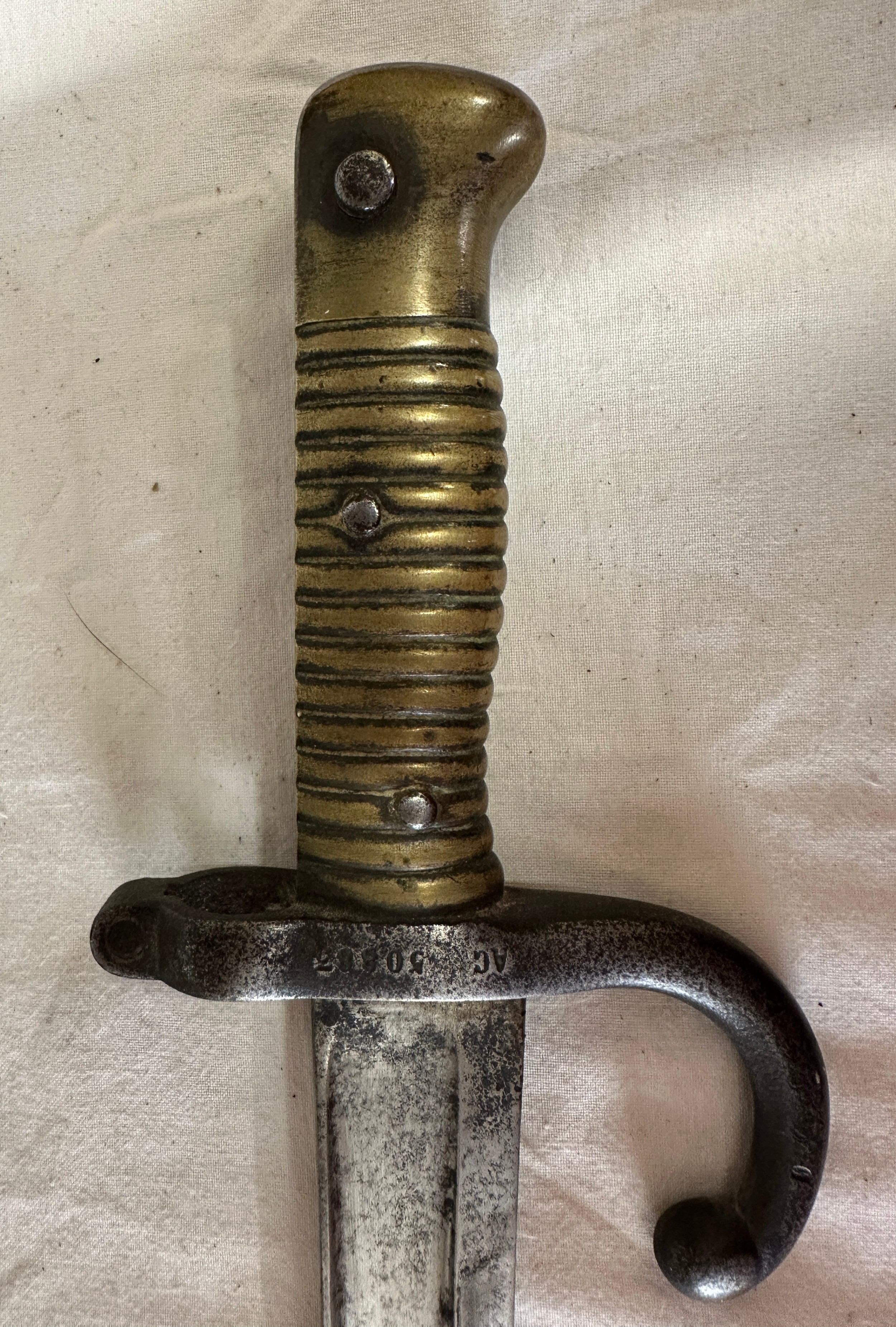 A French Chassepot bayonet sword with single edged blade 57cm in length. Overall 69cm l. Engraved to - Image 4 of 17