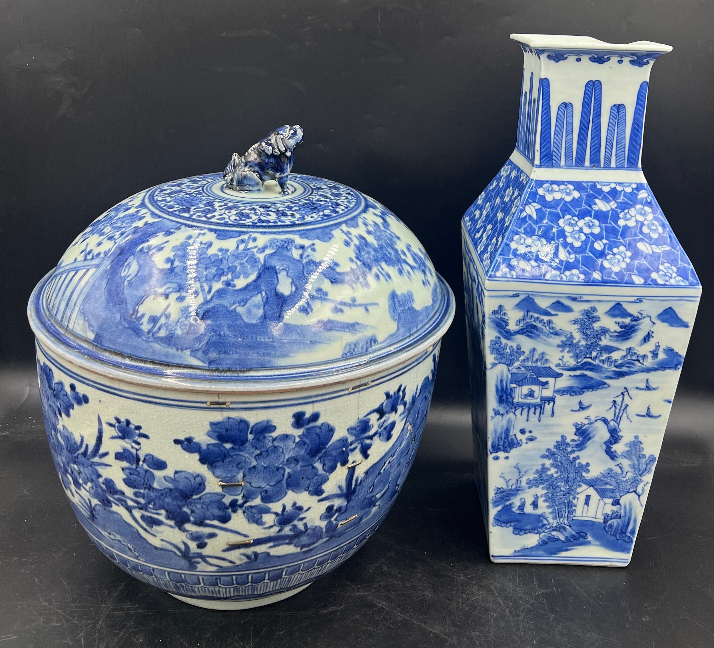 Chinese ceramics to include a large lidded blue and white bowl with foo dog finial and old stapled