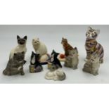 A collection of ceramic cats to include a Royal Crown Derby seated cat with gold stopper (13cm)