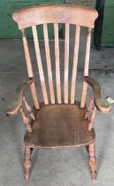 A 19thC Yorkshire slat back armchair, 112cm h to back.