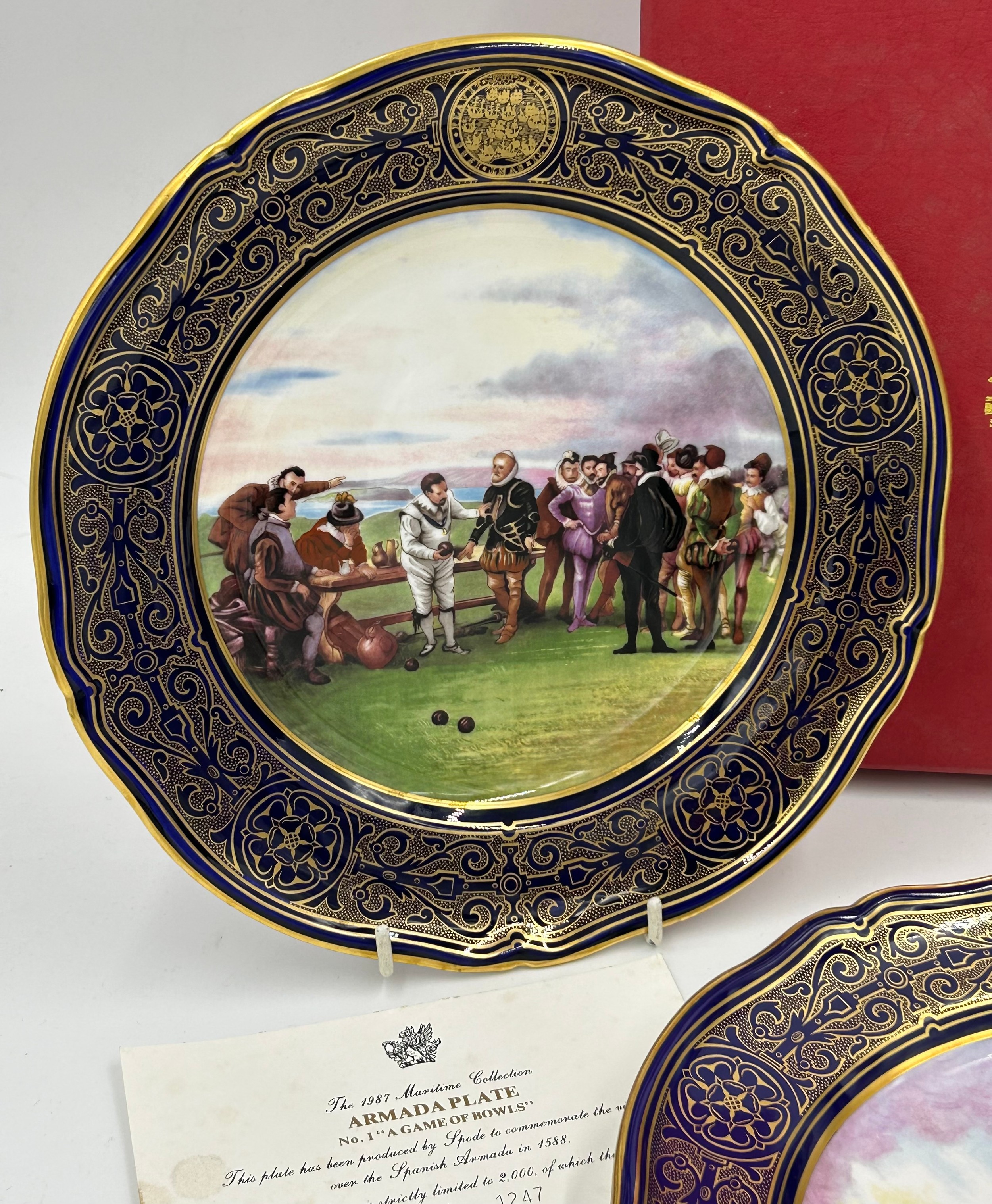 Three Spode Plates from the Armada Series all with boxes. No. 1 "A Game of Bowls" 1247 of 2000; - Image 2 of 5