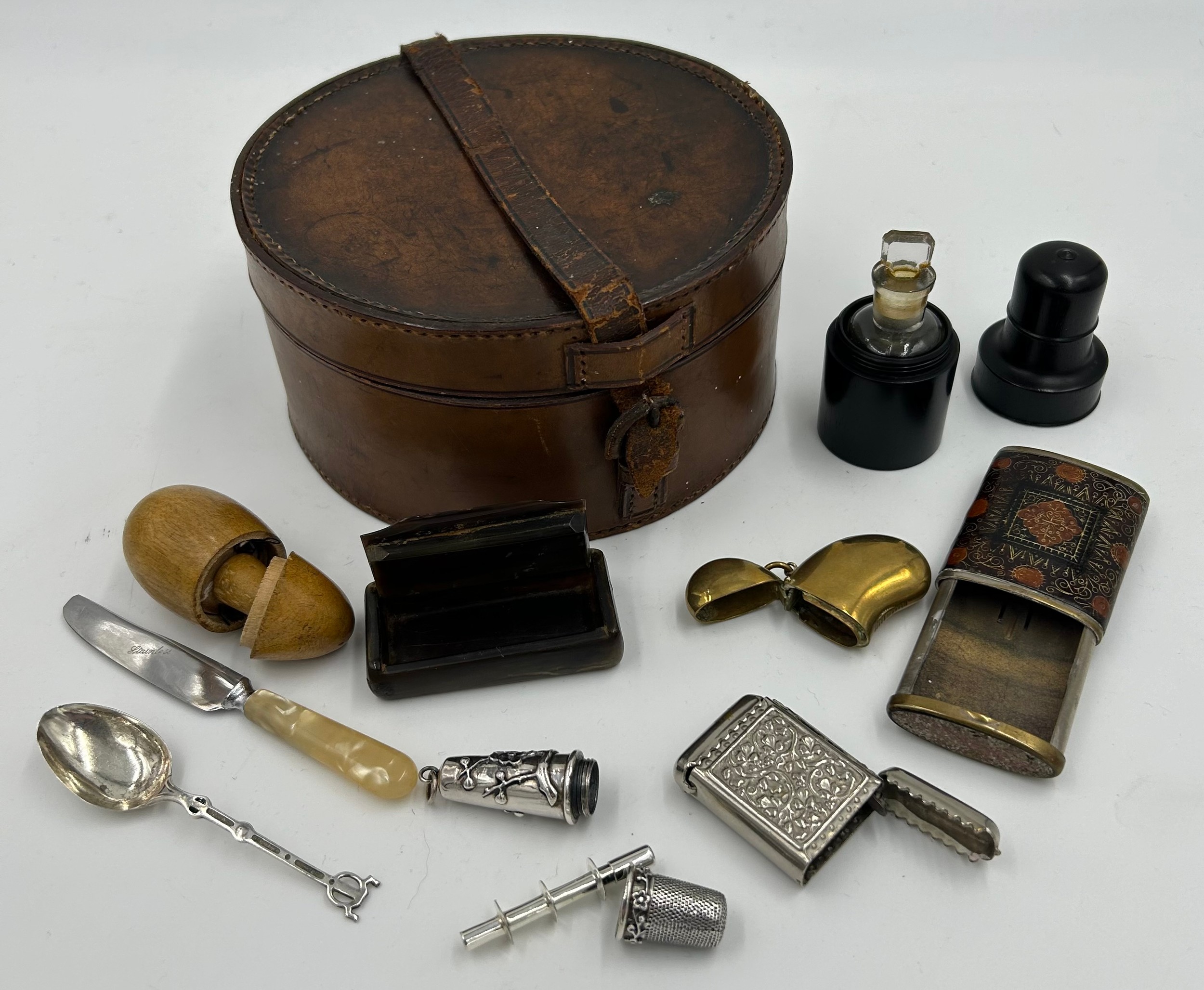 A miscellany to include : leather collar box, silver plated etui, ebony cased scent bottle, horn - Image 2 of 3