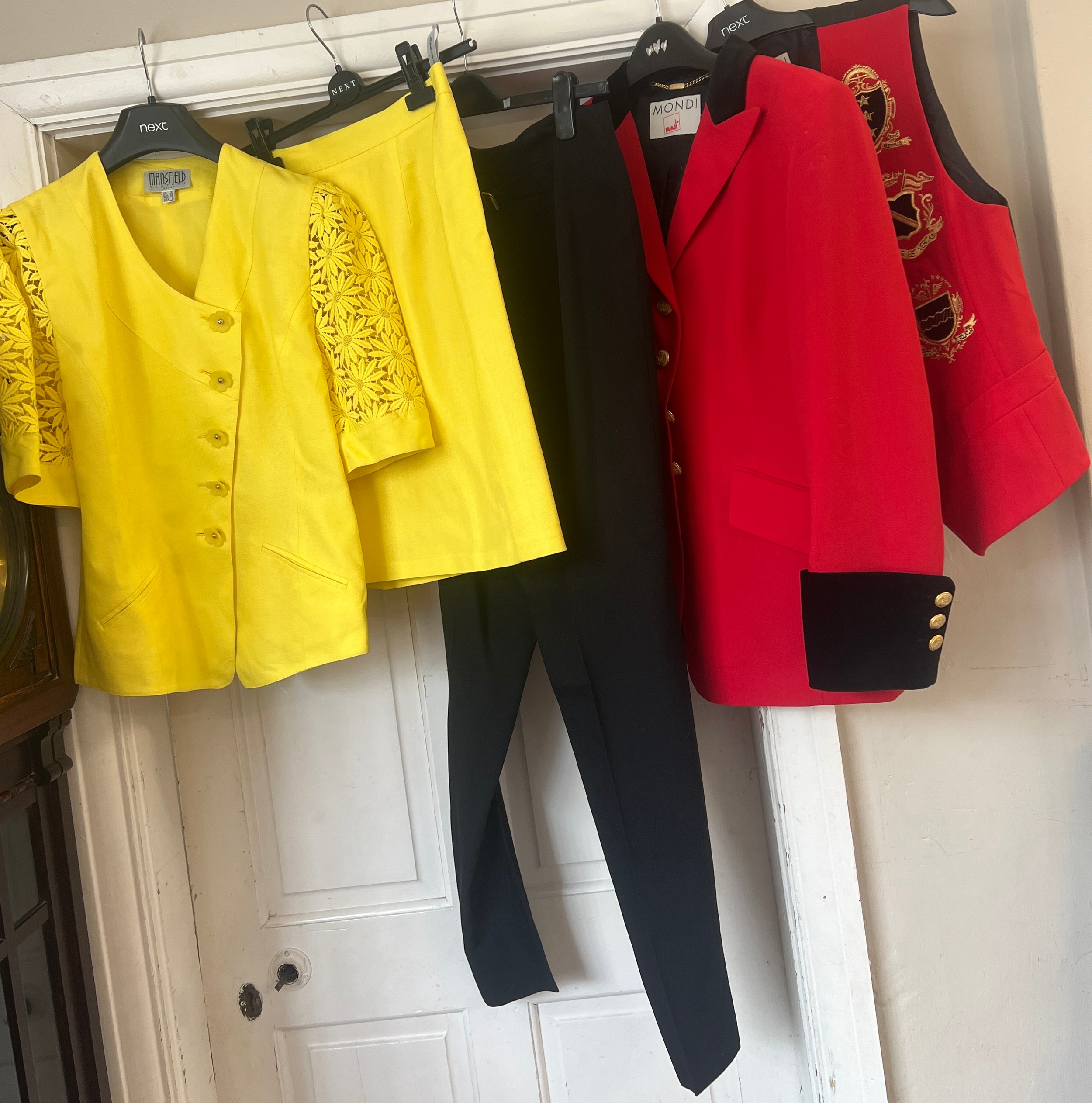 Vintage 1980’s clothes to include a red and black Mondi jacket, waistcoat and trousers, size 36