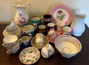 A quantity of 19thC ceramics to include copper lustre, Derby birthday cup and saucer, mugs, jugs