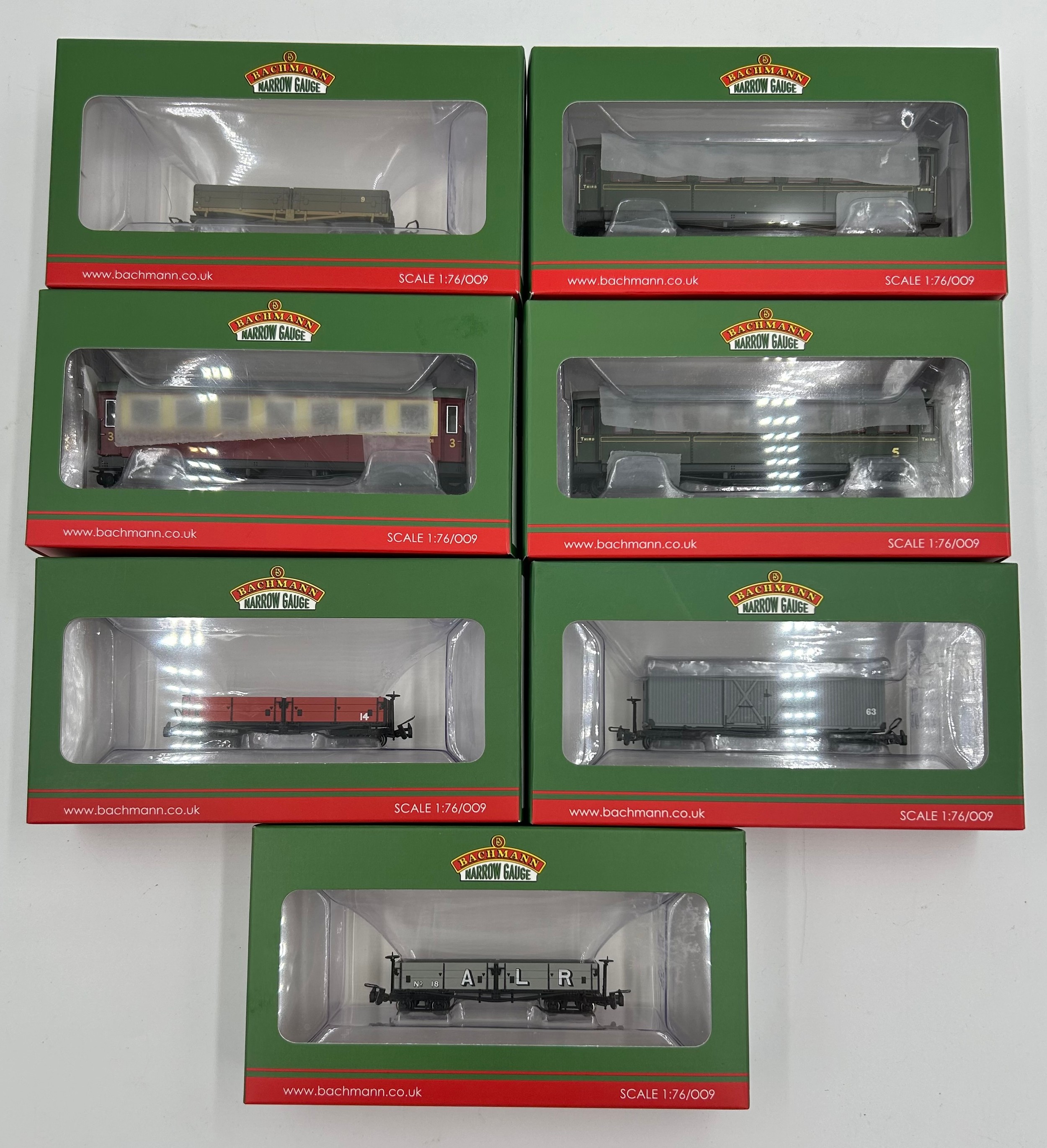 Seven Bachmann Narrow Gauge OO9 gauge wagons and coaches to include 393-051 d class open bogie wagon