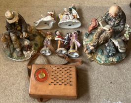 Seven various Capodimonte figures together with a vintage leather cased Perdio transistor radio