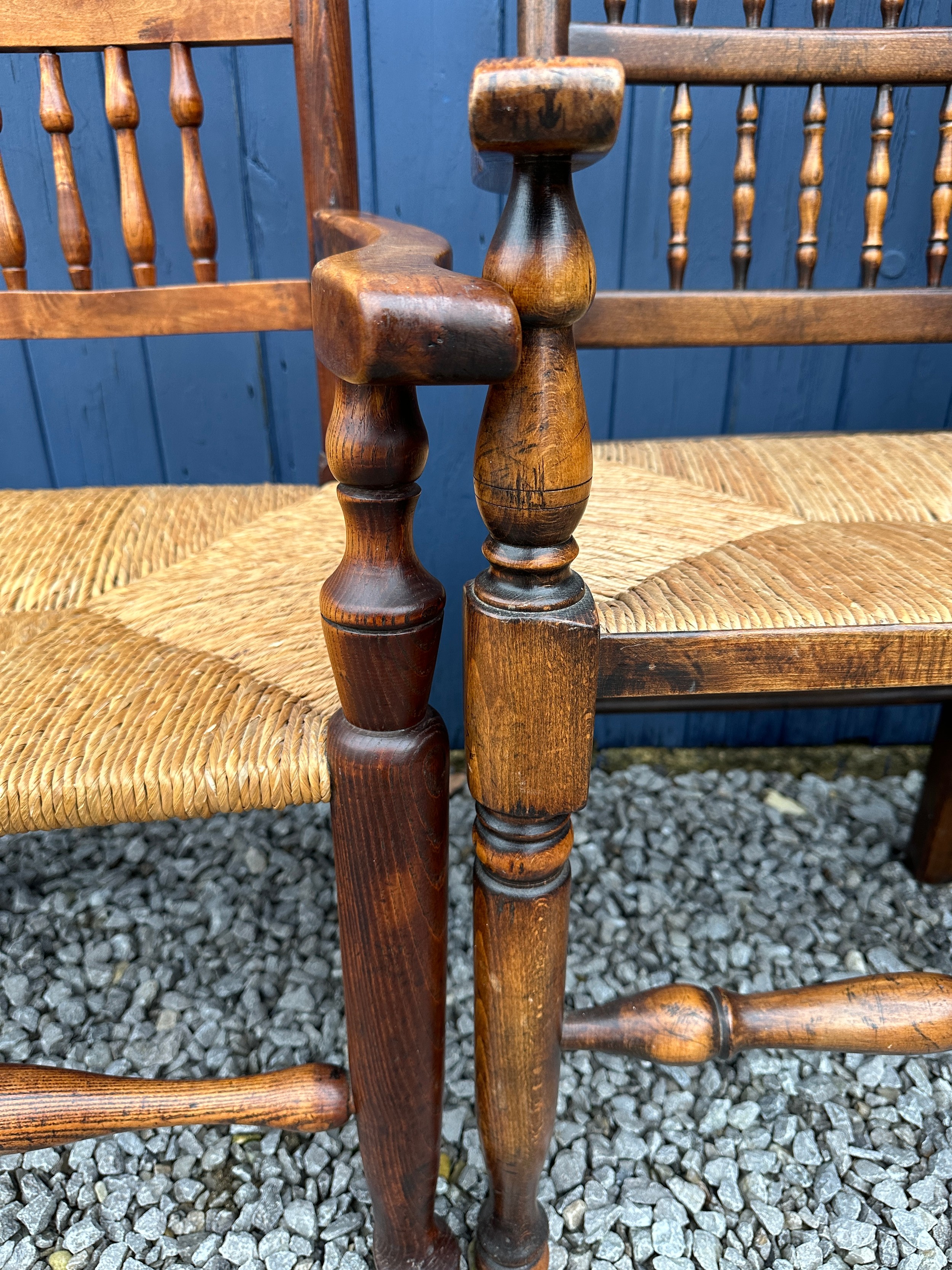 Six elm chairs, two carvers and four single, with rush seats. One carver approx. 110cm h x 59cm w ( - Bild 5 aus 8