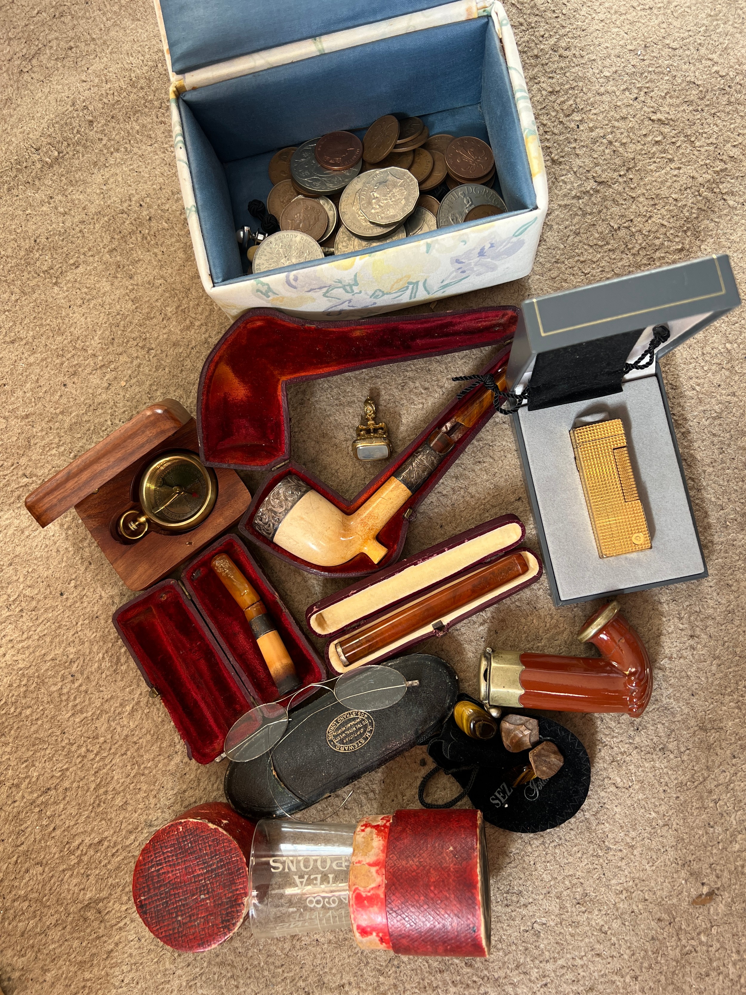 A miscellaneous lot to include Meerschaum, silver and amber cased pipe, cheroot holder, Dunhill