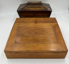 A 19th inlaid rosewood two compartment tea caddy 33 x 18cm h together with a 20thC writing slope