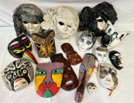 Various wall masks and plaques to include eight Venetian ceramic wall plaques various sizes, three