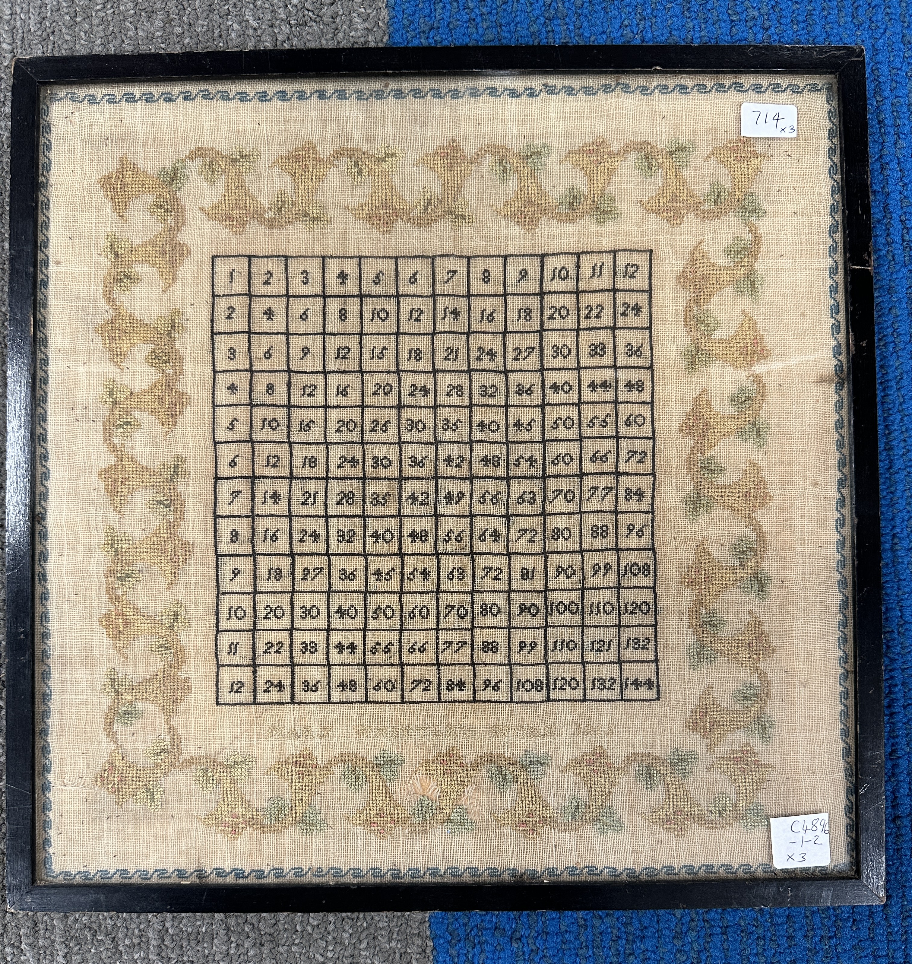 Three early 19thC cross stitch samplers to include times table Mary Whittle’s work 1816, 32cm x - Image 2 of 11