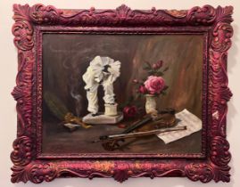 An oil on board, possibly Dutch of still life depicting violin, rose and a Pierrot. Signed l.l.