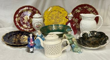 A collection of 20thC ceramics comprising Coalport : 3 x gilt cabinet plates, (yellow, 2 x blue)