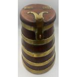 A coopered wooden barrel with hinged lift up lid and brass fittings. 20cm h.