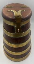 A coopered wooden barrel with hinged lift up lid and brass fittings. 20cm h.