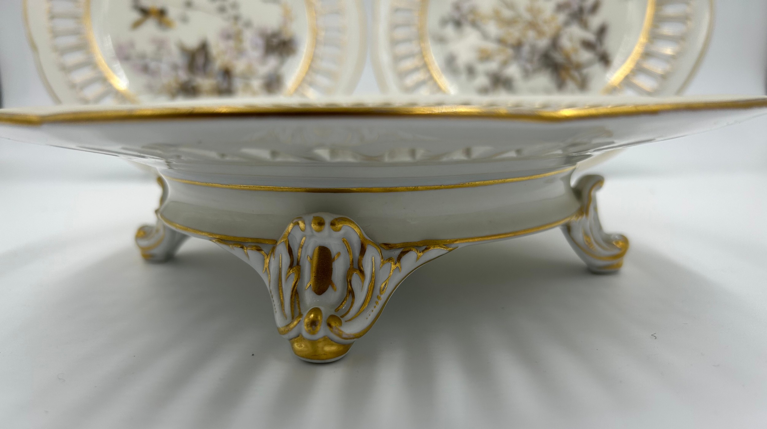 Fischer & Mieg 19thC porcelain part tea service, with ribbon borders, floral, bird and gold insect - Image 5 of 5
