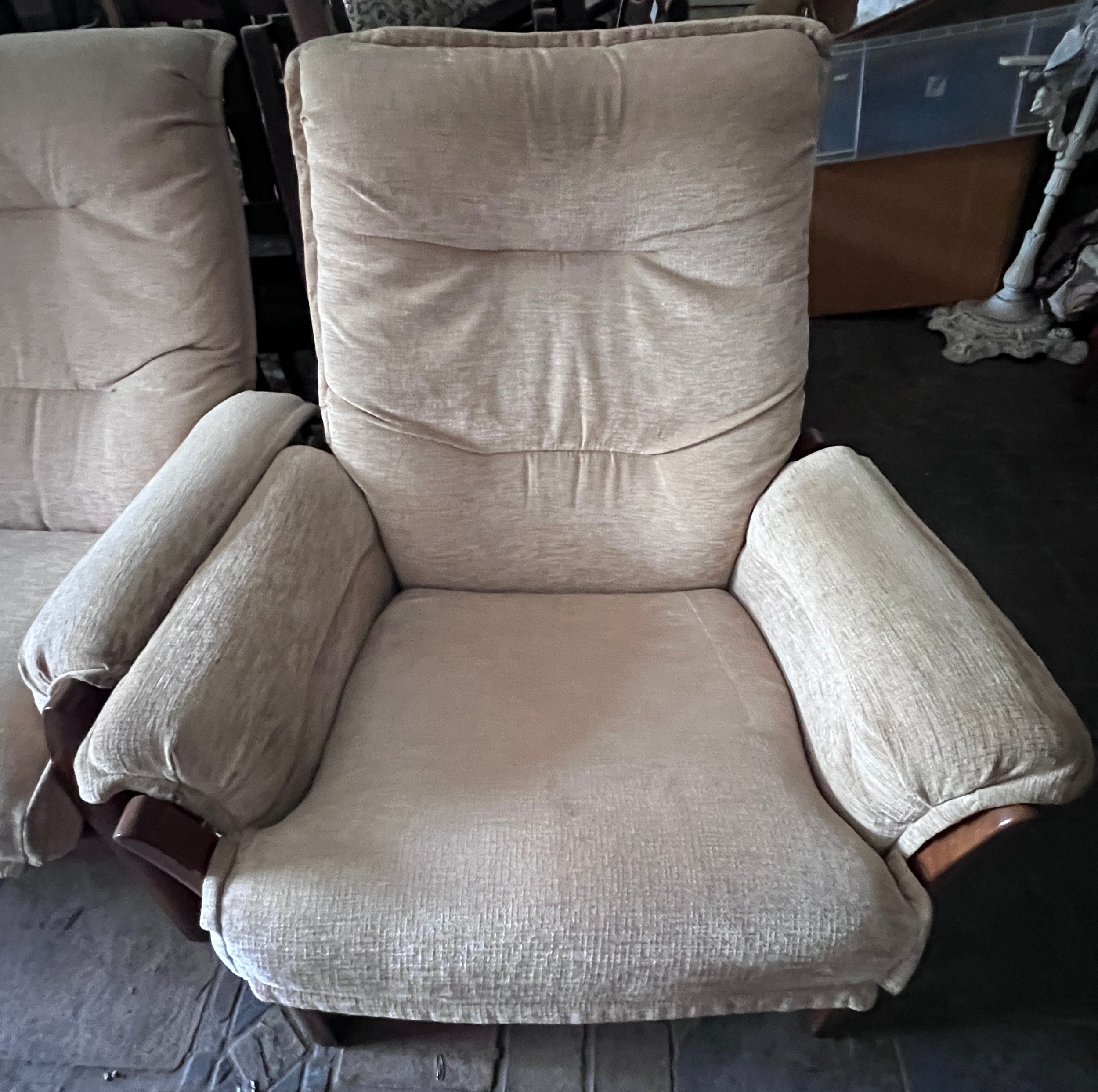 An Ercol teak three seater upholstered sofa and single armchair. - Image 3 of 5