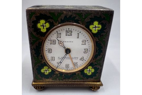 An early 20th century brass cloisonné cased Zenith travel alarm clock in good quality fitted leather - Image 5 of 12