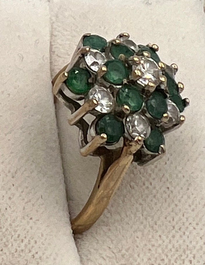 A 9 carat gold ring set with green and clear stones. Size N, weight 3.3gm. - Image 2 of 2