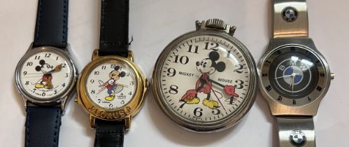 Watches and pocket watch to include 2 x Disney Lorus Mickey mouse watches, a Mickey Mouse Bradley