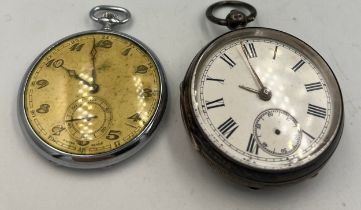 Two pocket watches to include hallmarked silver with subsidiary seconds dial. Weight of silver watch
