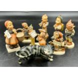 Seven M J Hummel figurines to include Just Resting (112) 1938, Schoolboy (82) 13cm h, Meditation (
