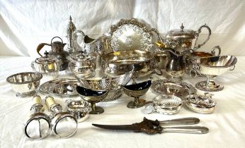 A selection of good quality silver plate items to include a salver 26cm, teapot 23cm, sugar caster