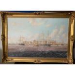 David C. Bell 1950, Sailing Ships off Hull. Signed L.L. 59.5 x 90cms.