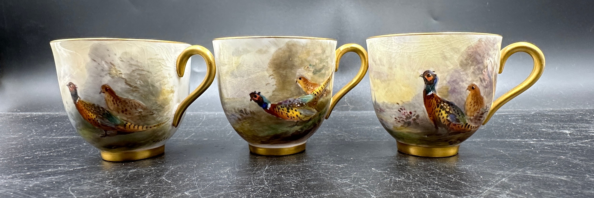 A Royal Worcester coffee set painted with pheasants, by J. Stinton, all signed to include 6 x cups - Image 10 of 15
