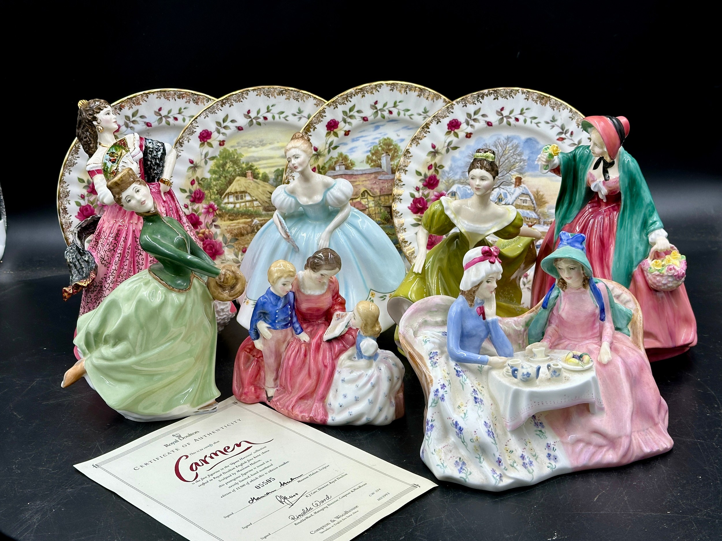 Royal Doulton figurines to include Carmen 5505 limited edition with certificate, Afternoon Tea HN