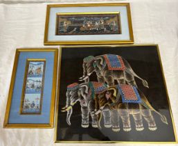 Three Eastern pictures, smallest in blue with figures and elephants image 25 x 9cm, and the other 15