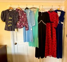 Various vintage clothing to include a 60's red dress by Kati at Laura Phillips size 36, a blue dress