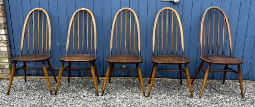 Five Ercol Quaker stick back dining chairs 95cm back, 42cm seat.