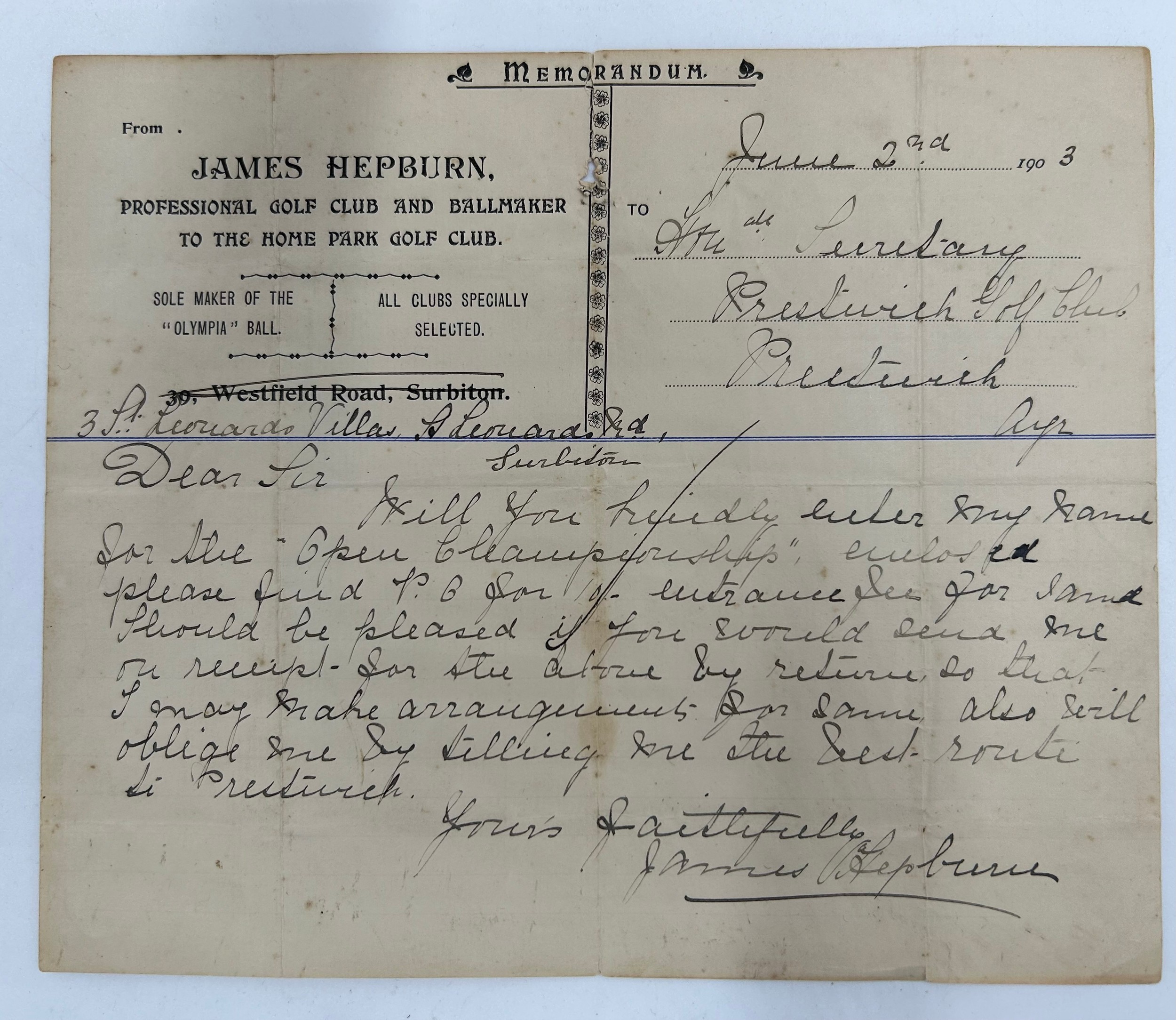 A Collection of Autographs and letters from The Scottish Golf Team 1903 match including C.Ralph - Bild 6 aus 6