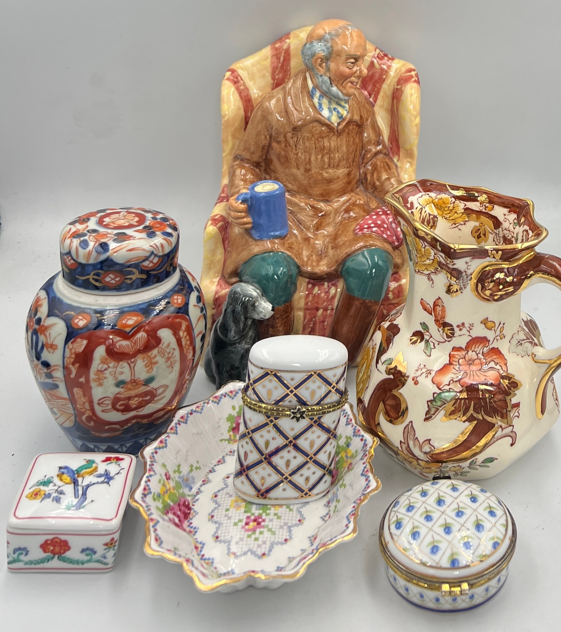Ceramics to include Royal Doulton Uncle Ned, HN 2094, Masons Brown Velvet jug, Imari lidded jar,