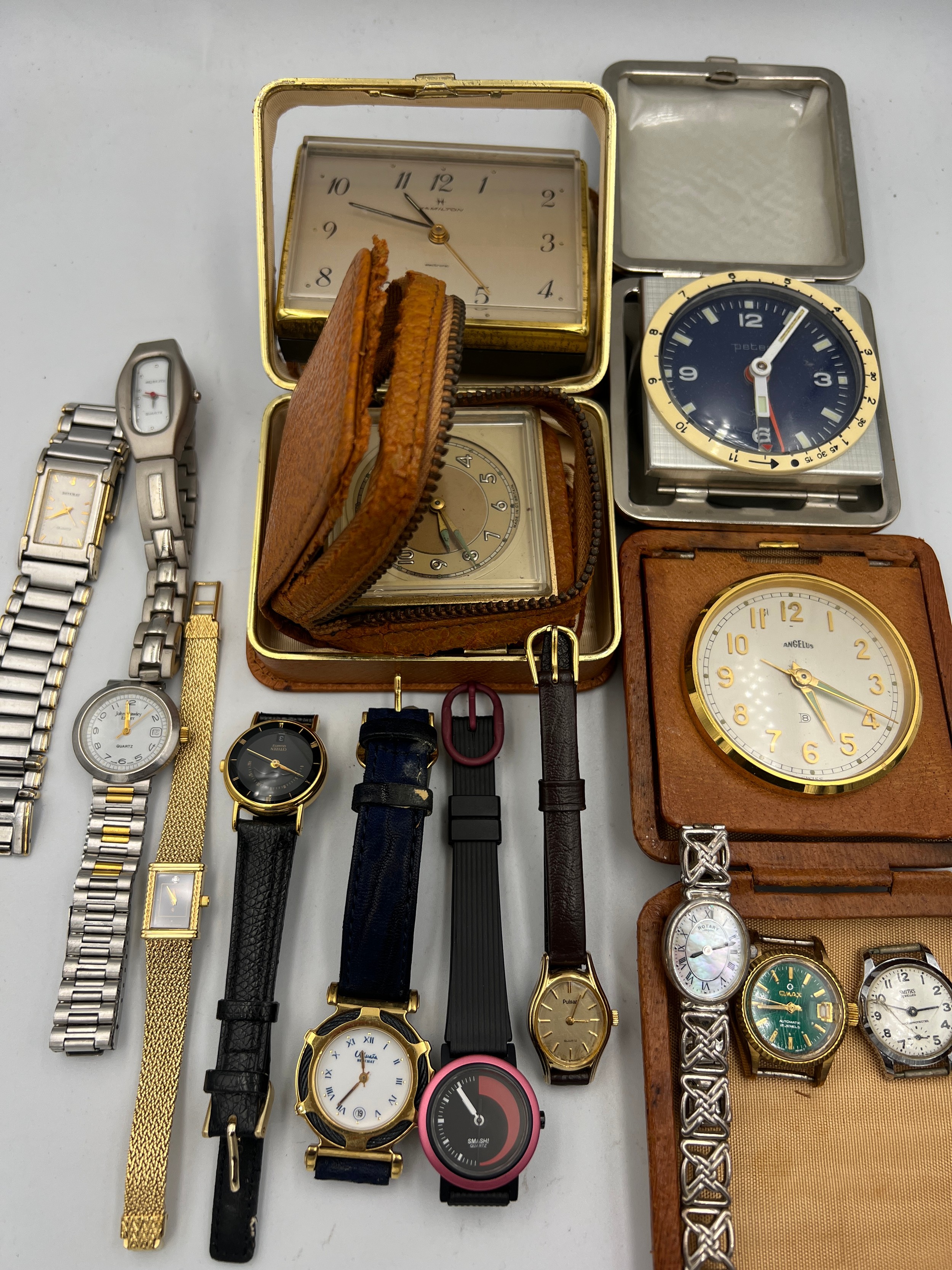 A quantity of vintage wristwatches and alarm/travel clocks. To include Smiths, silver Rotary, - Image 2 of 3
