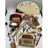 A miscellany of mainly 19thC items to include hair ornaments, bone needle case with Stanhope of York