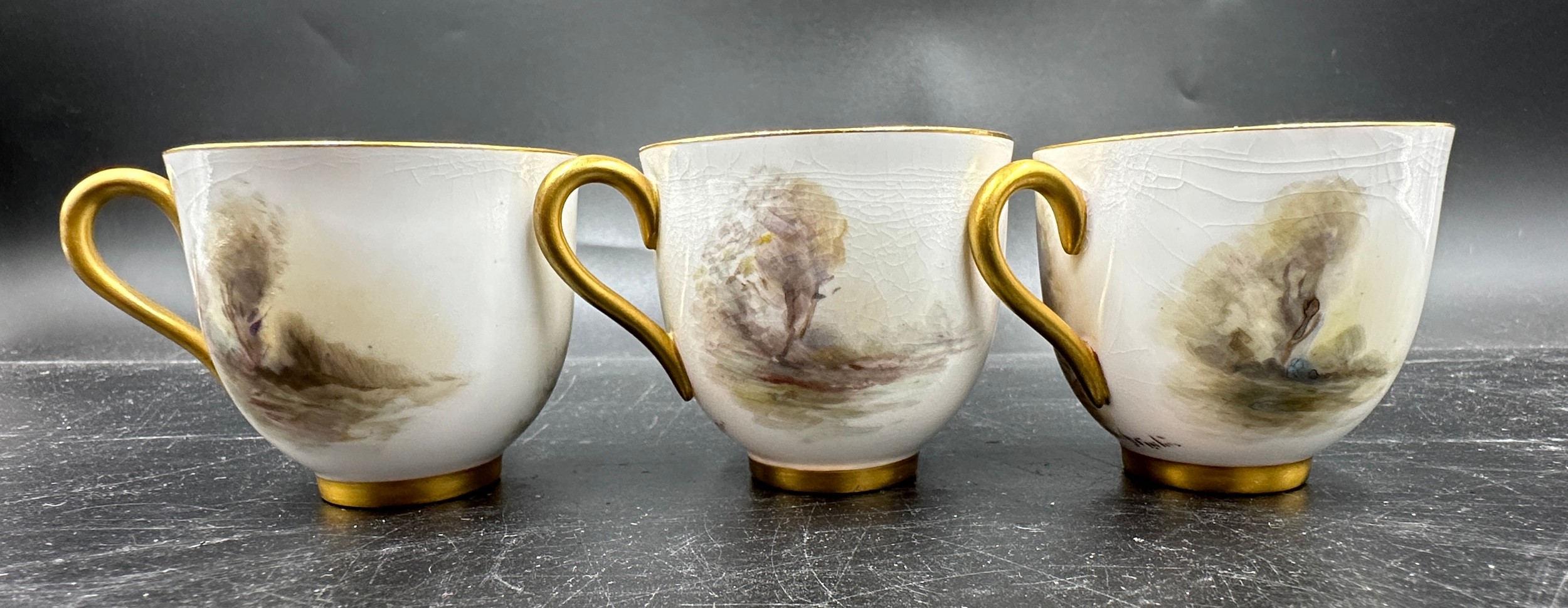 A Royal Worcester coffee set painted with pheasants, by J. Stinton, all signed to include 6 x cups - Image 11 of 15