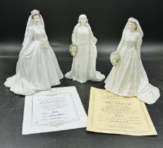 Coalport 'Royal Bride' figurines comprising of The Queen 1173/7500, The Queen Mother 763/7500,