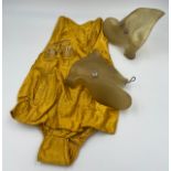 A 1950’s ladies strapless bathing costume with zip to back and ruched sides together with a pair