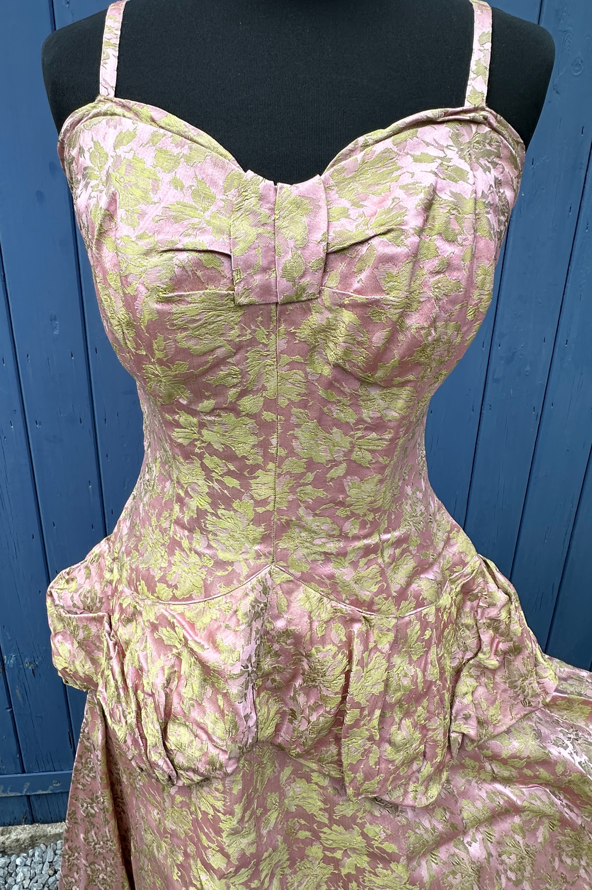 A 1950's Chafil, London full length pink and green demask dress, sleeveless with boned bodice, lined - Image 3 of 9