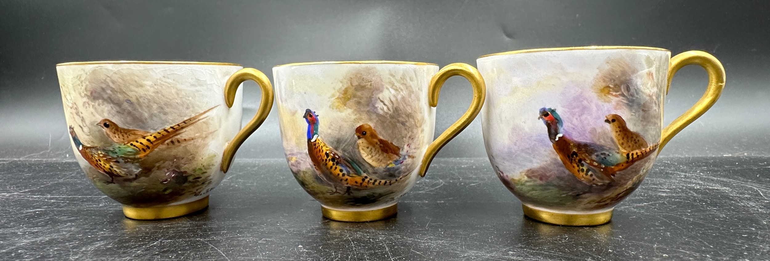 A Royal Worcester coffee set painted with pheasants, by J. Stinton, all signed to include 6 x cups - Image 2 of 15