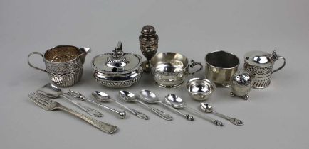 A Victorian silver mustard pot Chester 1895, six other various cruets, five cruet spoons and two