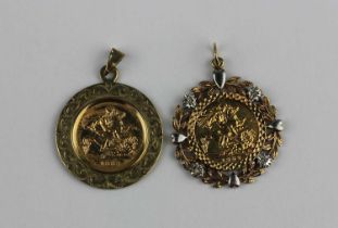 Two Elizabeth II gold half sovereigns both dated 1982 and in pendant mounts