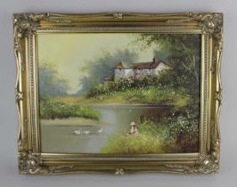 Les Parson, figure seated beside a pond, cottage beyond, oil on canvas, signed, 39.5cm by 29cm