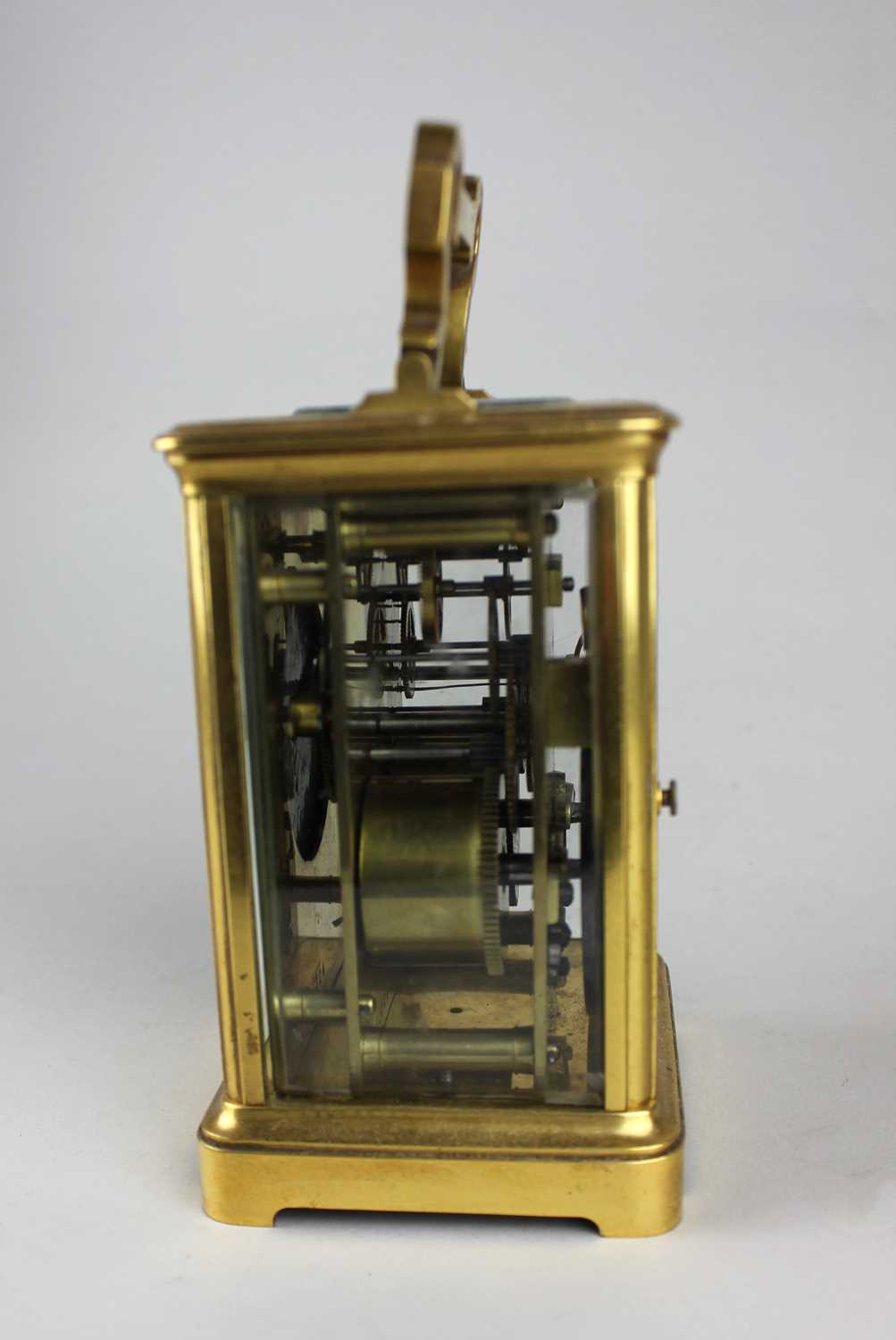 A 19th century French gilt brass carriage clock, the white enamel dial with Roman numerals, striking - Image 5 of 5