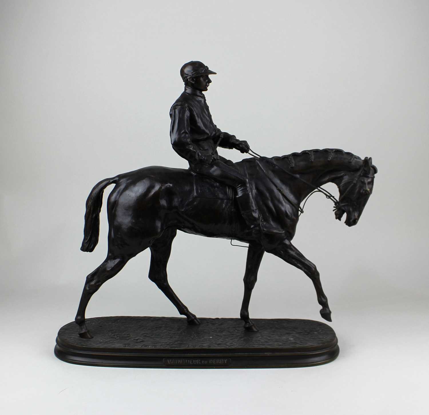 After Pierre-Jules Mene (French 1810-1879), bronze figure of a racehorse and jockey, 'Vainqueur du