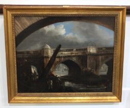 19th century school, view from an archway of workers before a bridge, oil on canvas, unsigned, verso